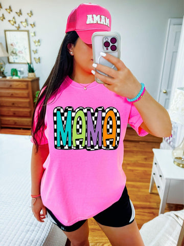 {Checkered Neon Mama} Graphic Tee